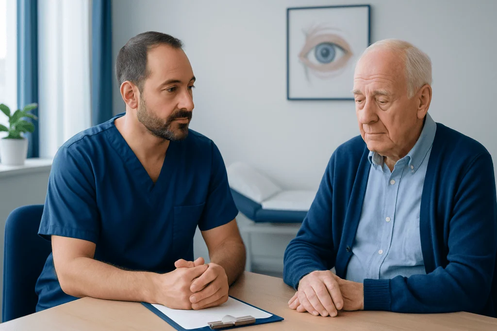 Ophthalmologist consulting elderly patient about eye health in clinic.