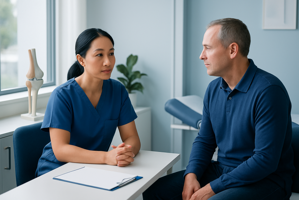 Doctor consulting with patient in a medical office setting.