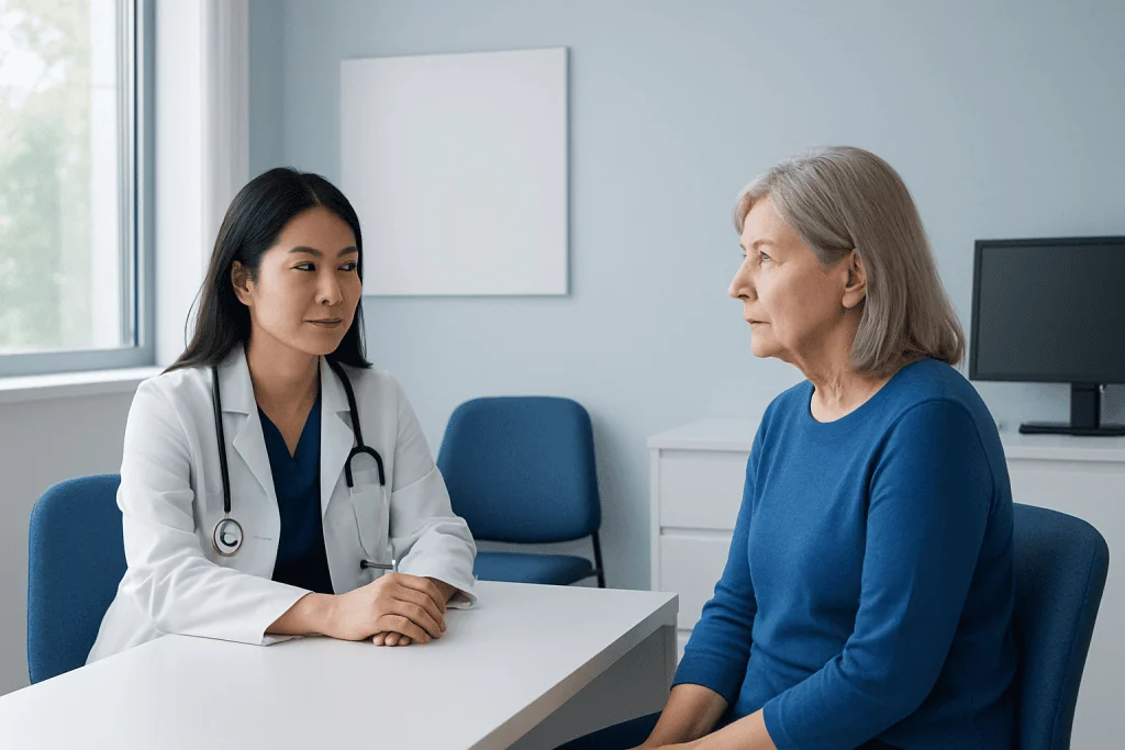 Doctor consulting with an elderly female patient in a medical office.