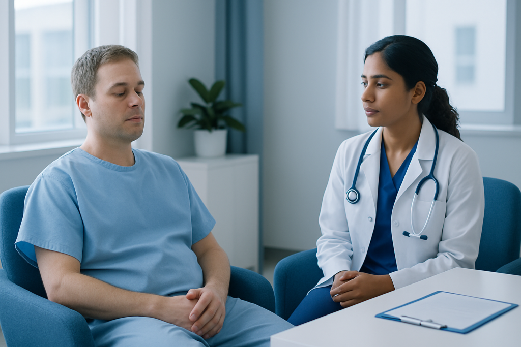 Patient and doctor discussing post-surgery anesthesia effects in a hospital room.