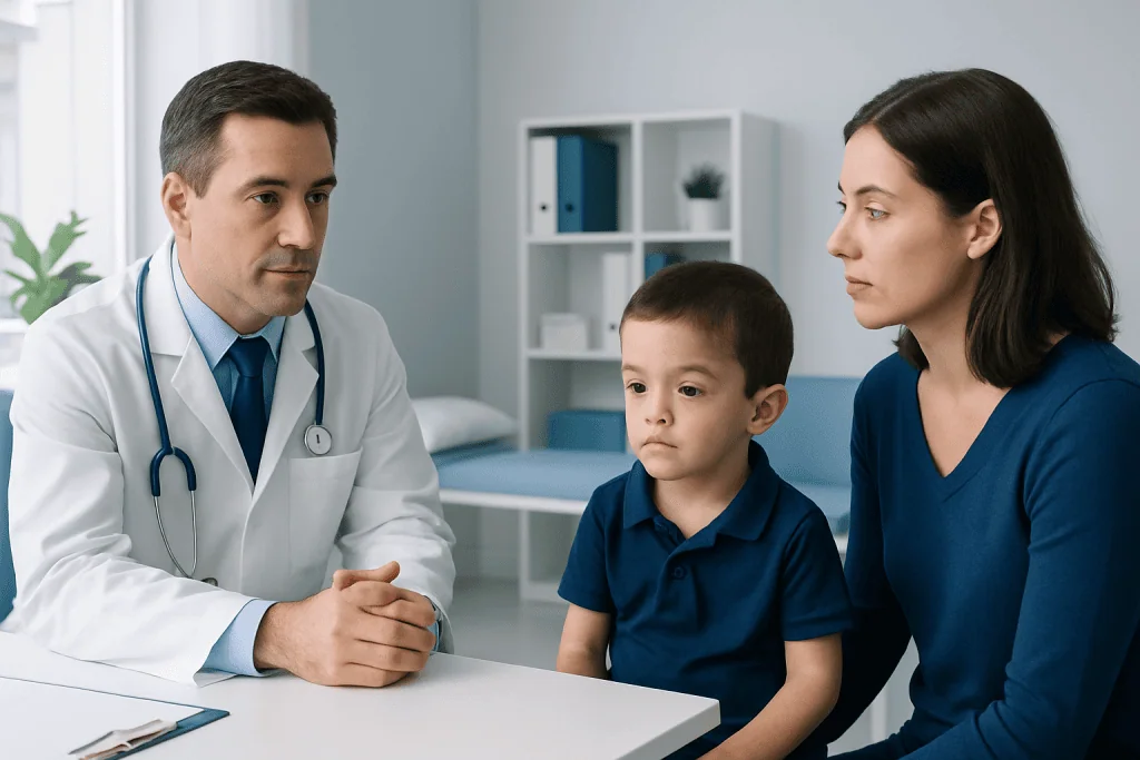 Doctor consulting with mother and child in a medical office.