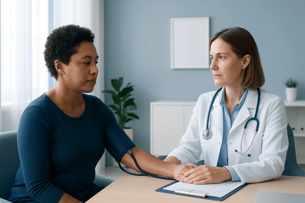Doctor measuring patient's blood pressure during consultation at hospital.