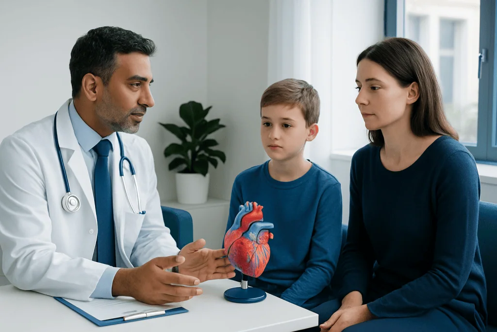 Pediatric cardiology consultation at Acibadem Hospital with doctor and young patient.