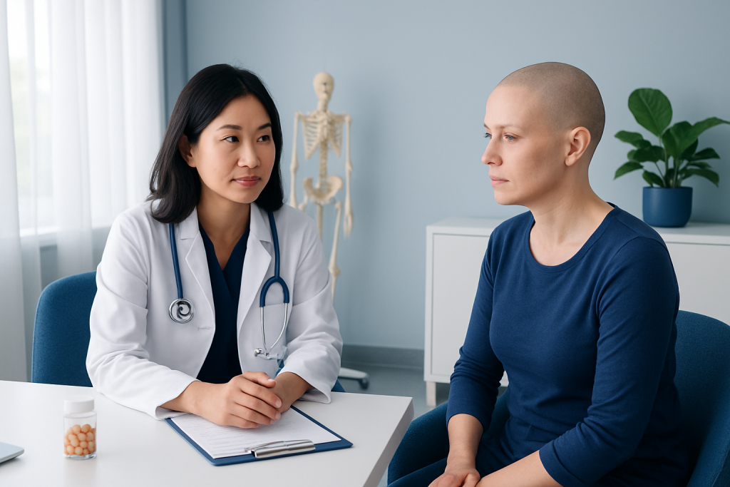 Doctor consulting a patient in a medical office with a skeleton model in the background.