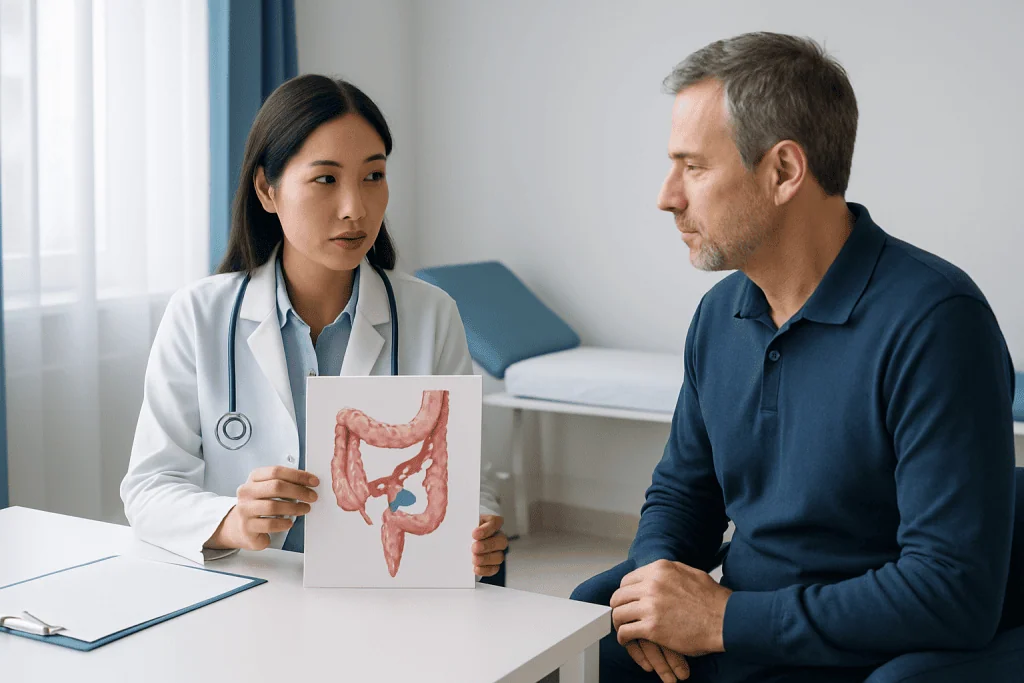 Doctor explains colon anatomy to patient during consultation at Acibadem Hospital.