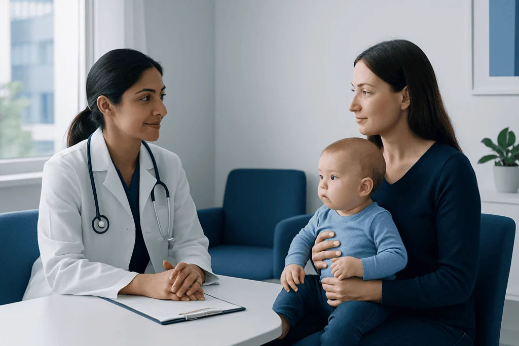 Pediatric consultation at Acibadem Hospital with doctor and mother.