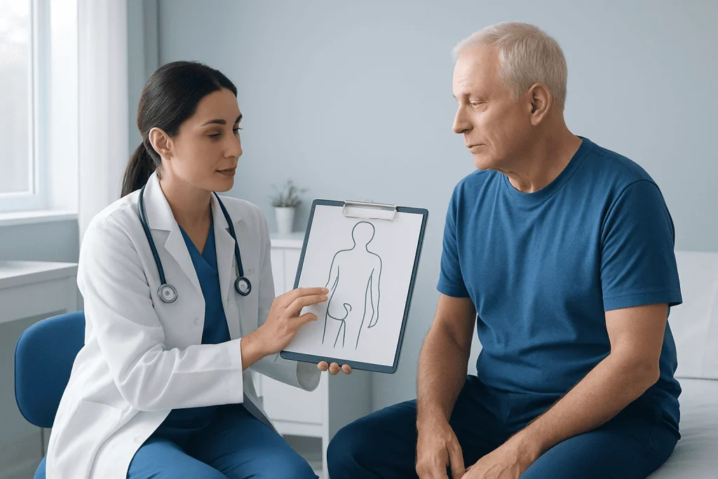 Doctor explaining catheter risks to a patient with a diagram.
