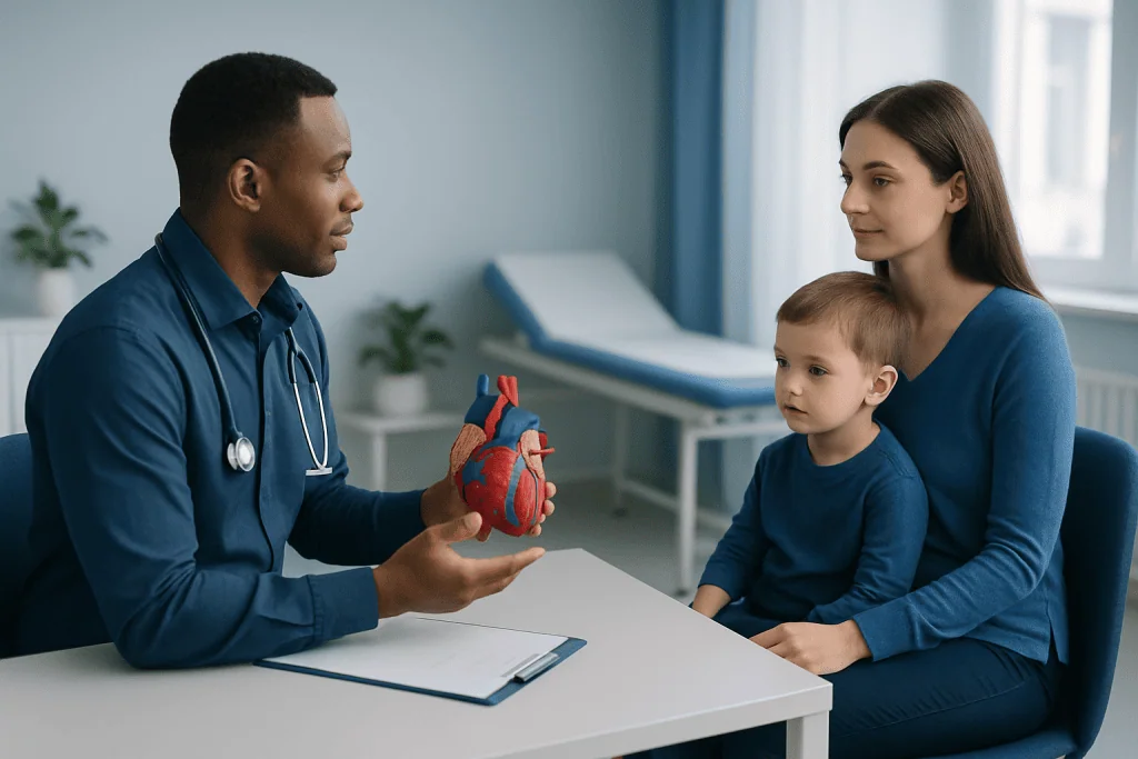 Pediatric cardiologist explaining heart health to a mother and child.