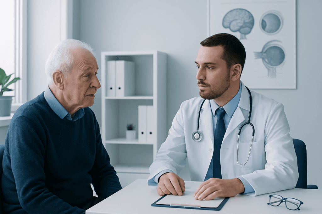 Doctor consulting with elderly patient in a medical office.