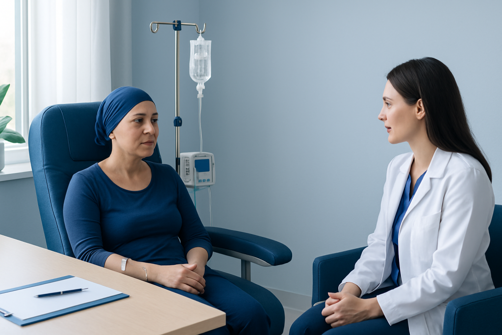 Patient and doctor discussing treatment in hospital room.