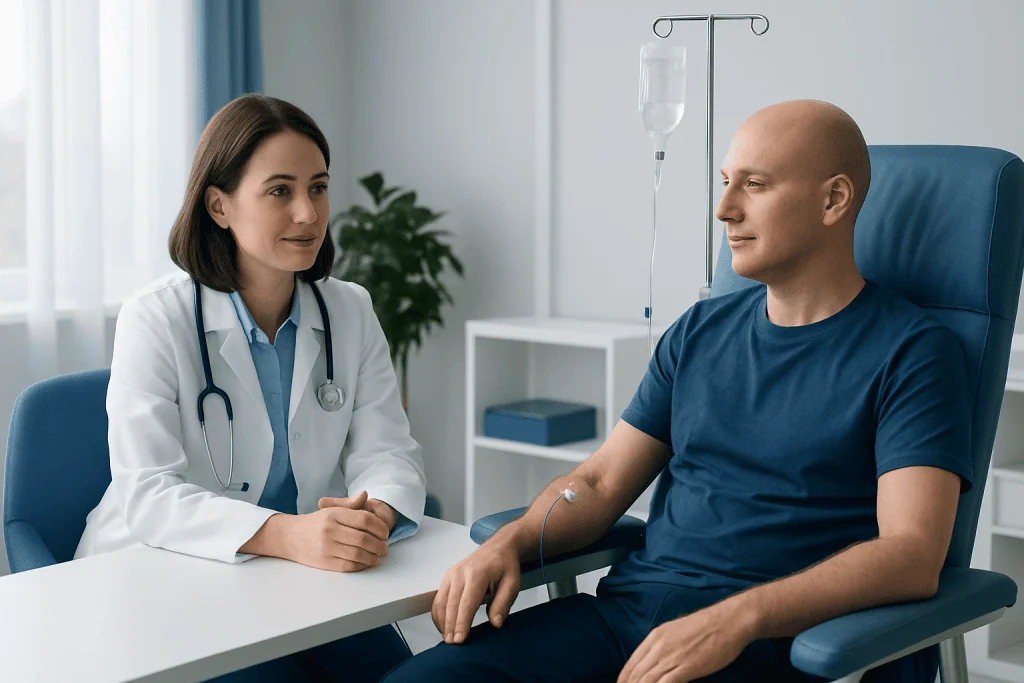 Doctor consulting with a patient receiving IV therapy in hospital.