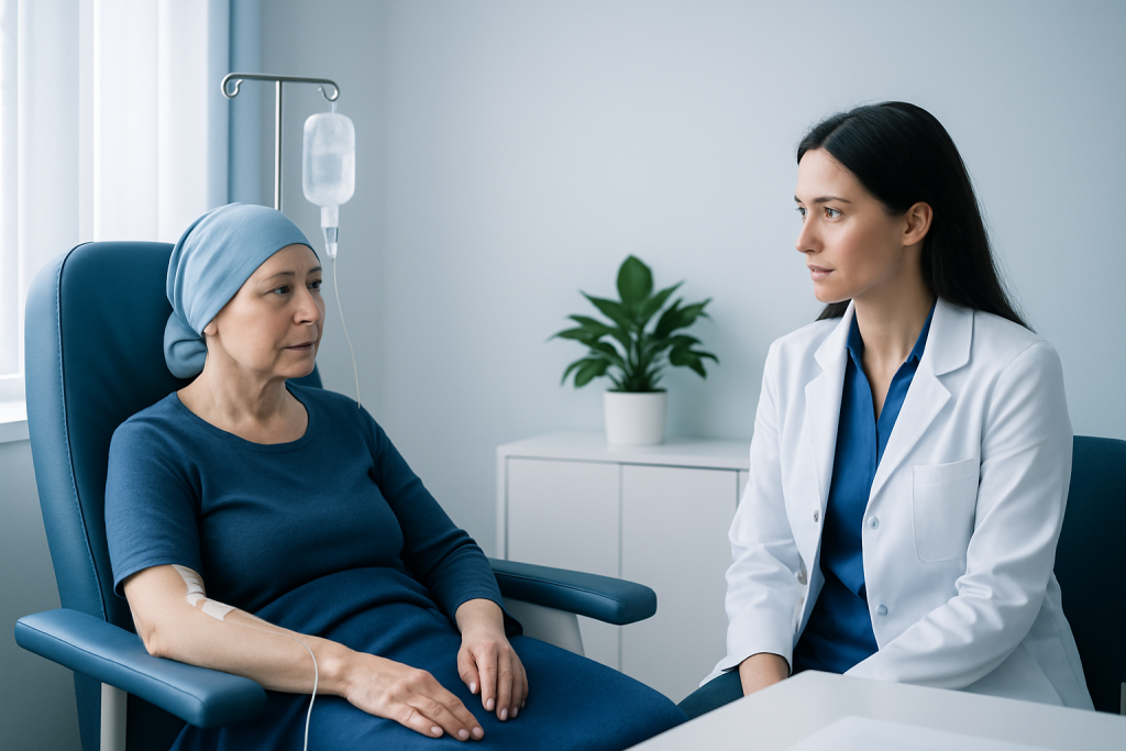 Doctor consulting with a patient in a hospital room.
