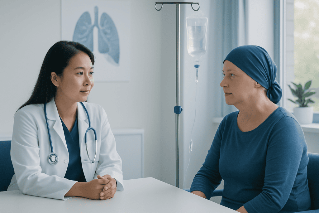 Doctor consulting with a patient in a hospital room with lung diagram.
