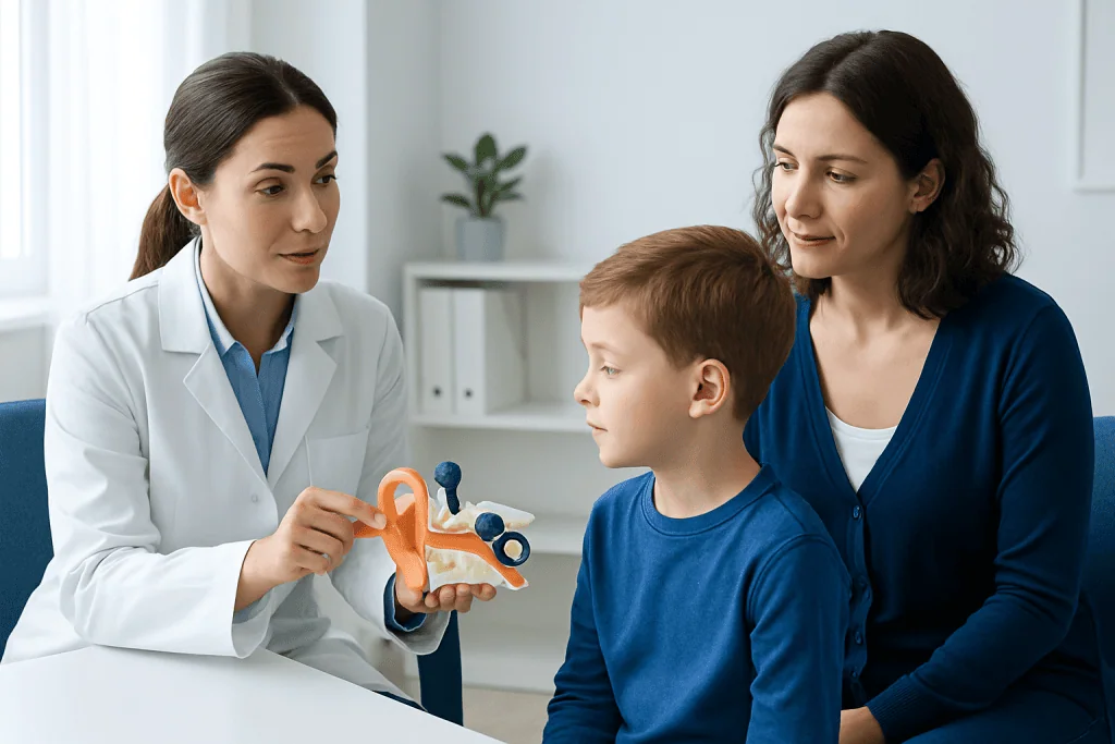Pediatric audiologist explaining cochlear implant to young boy and mother.