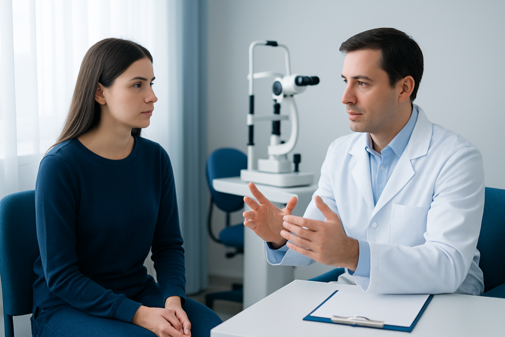 Optometrist explaining eye condition to young woman in clinic.