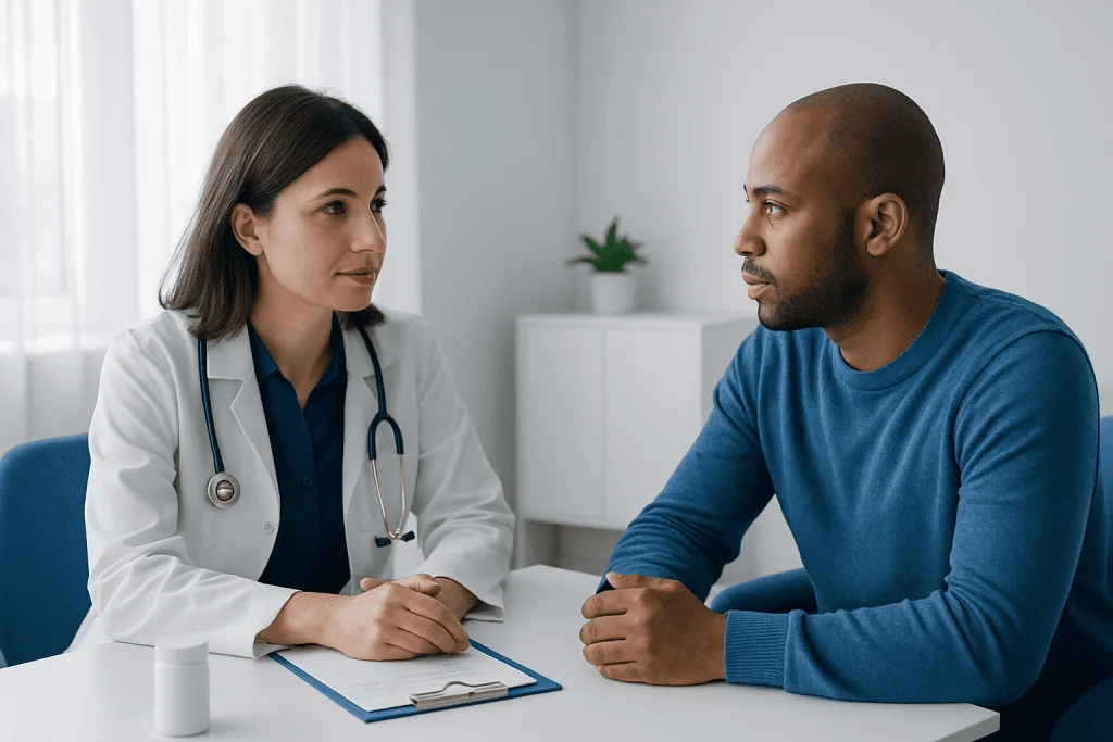 Doctor consulting with a patient in a medical office setting.