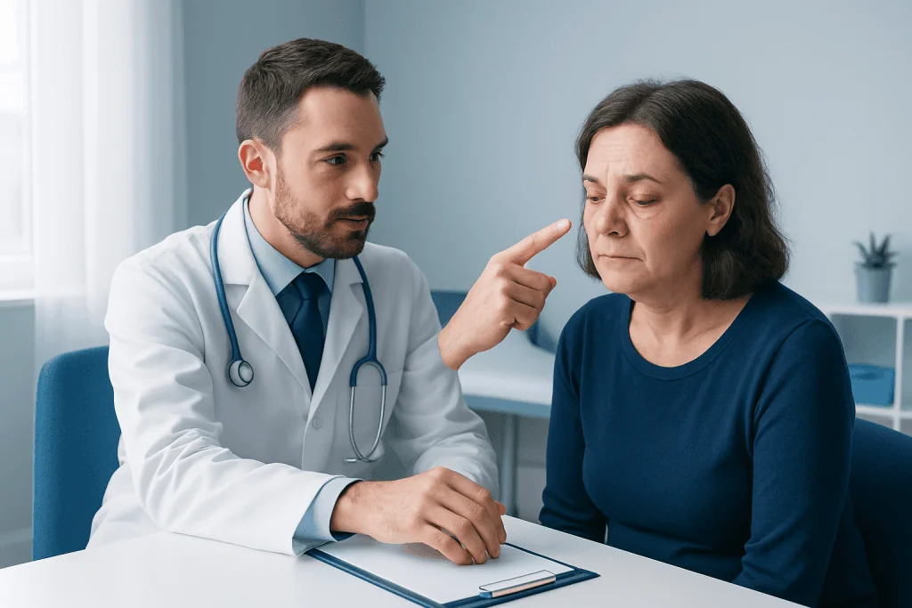 Doctor explaining eye infection treatment to a patient.