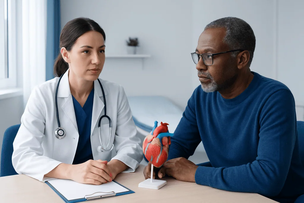 Doctor explaining heart model to patient in consultation room.