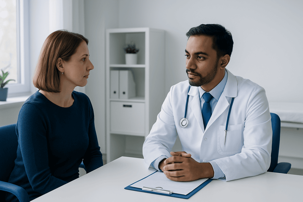 Doctor consulting with a female patient in a medical office.