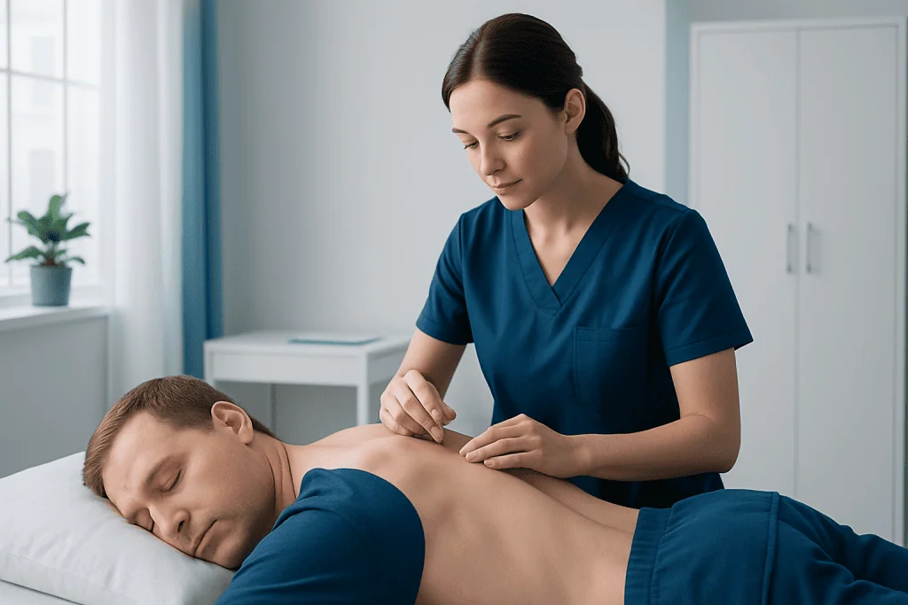 Physiotherapist performing dry needling on patient's back in clinic.