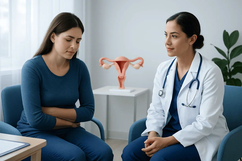 Gynecologist consulting with a patient in a medical office.