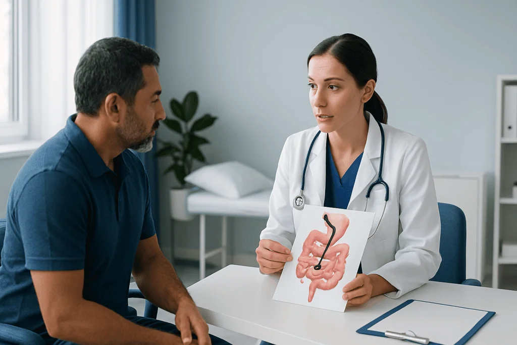 Doctor explaining endoscopic procedure with a model of the digestive system.