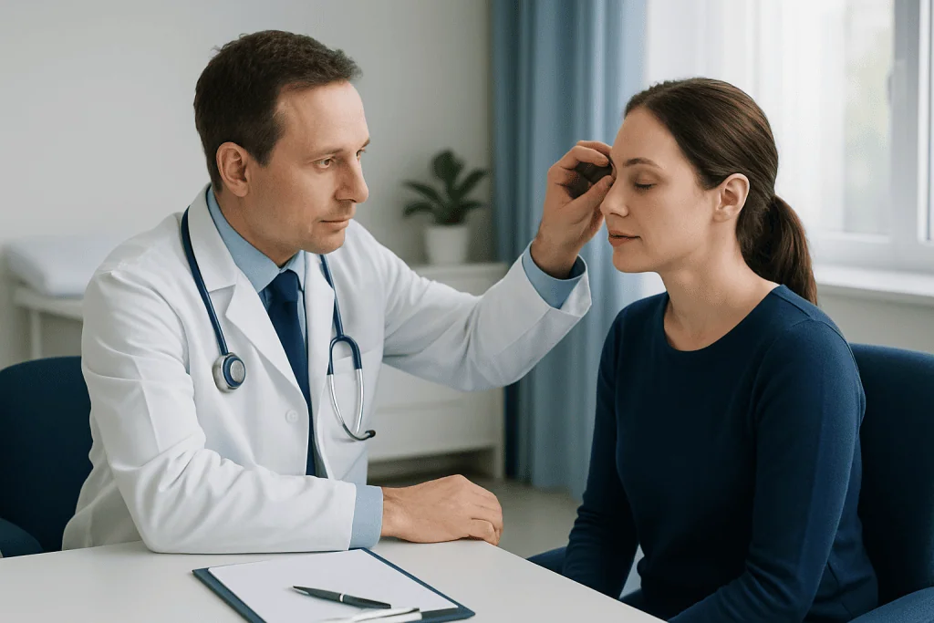 Doctor examining woman's eye in a clinical setting at Acibadem Hospitals.