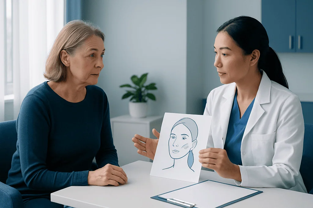 Doctor explaining facelift risks to an elderly woman in consultation.