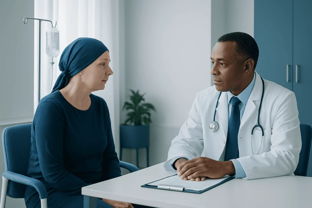 Doctor consulting with a female patient in a hospital room.