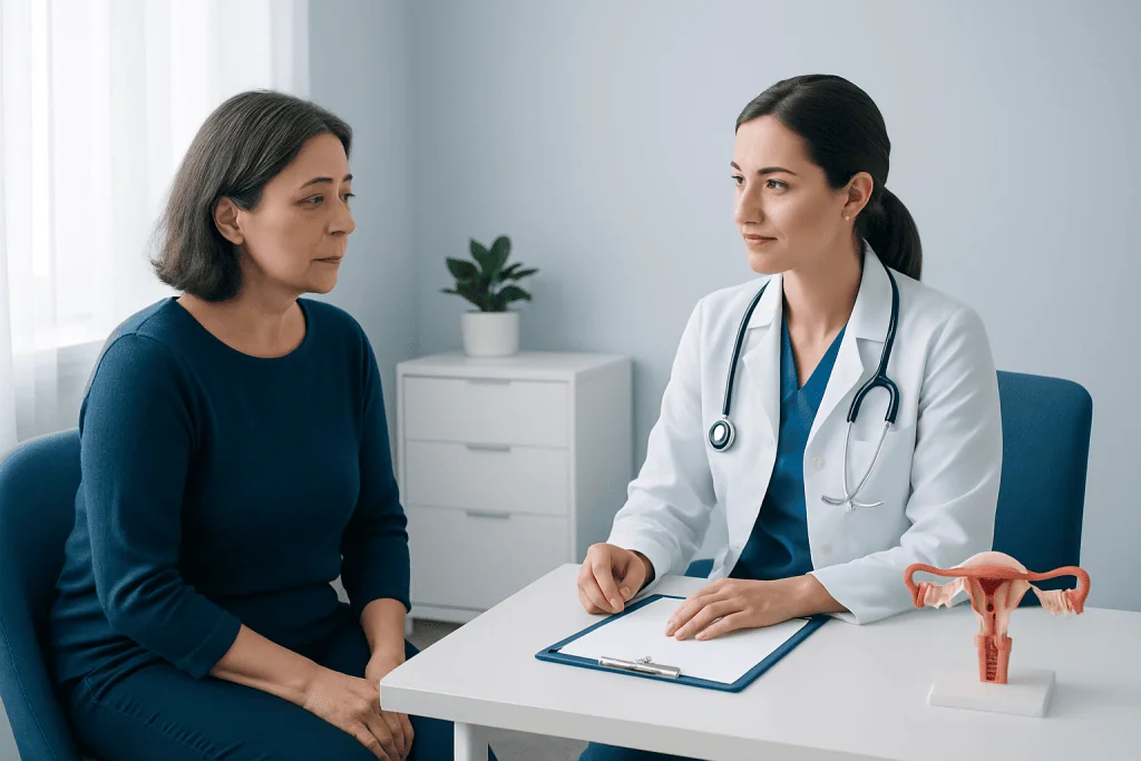 Gynecologic cancer consultation with doctor and patient in clinic.