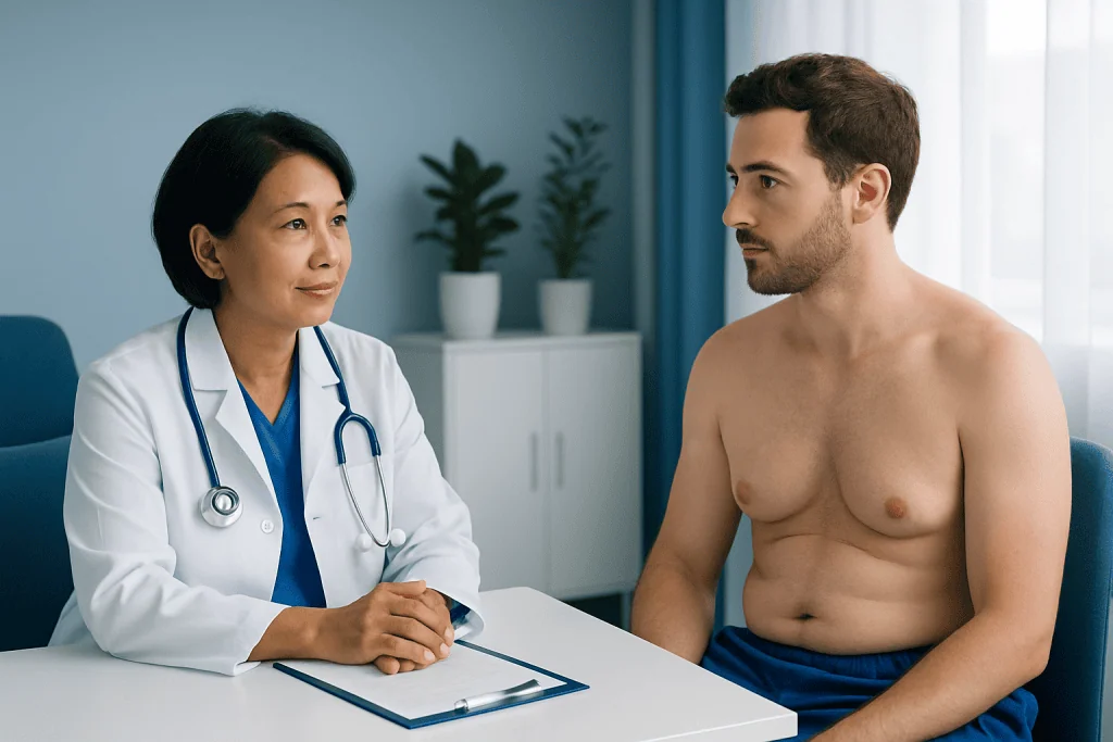 Doctor consulting a male patient about gynecomastia surgery risks in a clinic.
