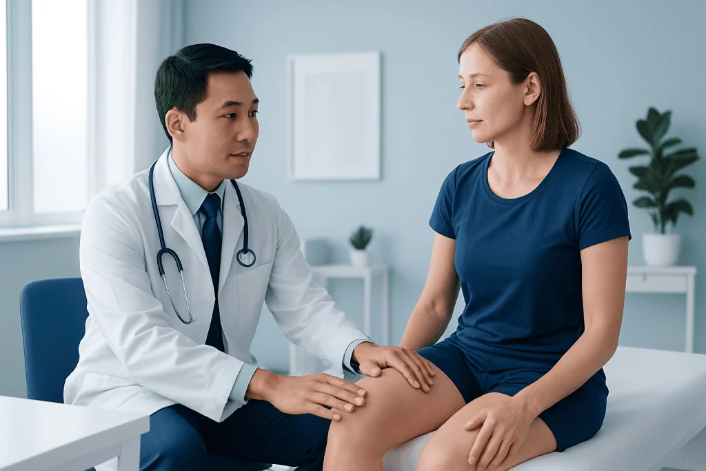 Doctor examining patient's leg in a medical consultation room.