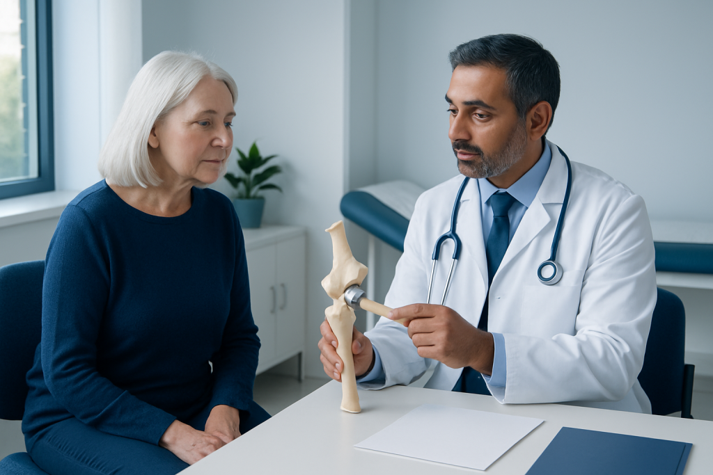 Orthopedic doctor explaining hip replacement to senior woman in clinic.