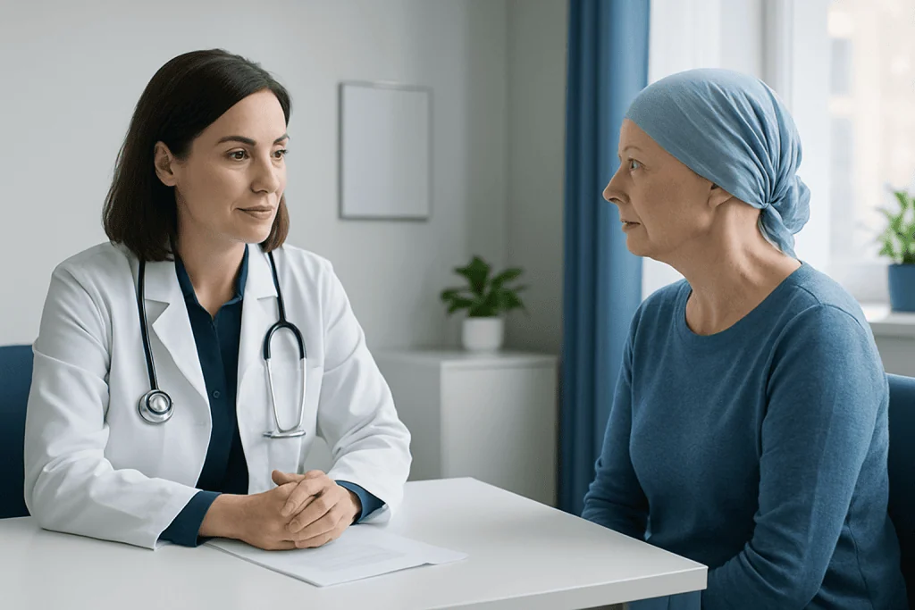 Doctor consulting with a patient in a hospital room.