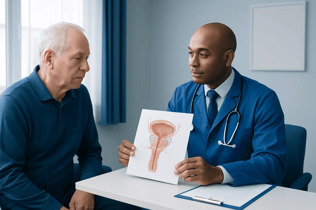Urologist explaining prostate health to an elderly patient with prostate diagram.