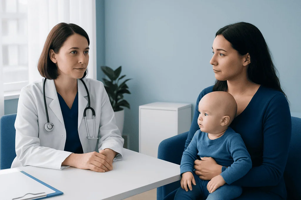 Pediatric consultation with a doctor and mother in a clinic setting.