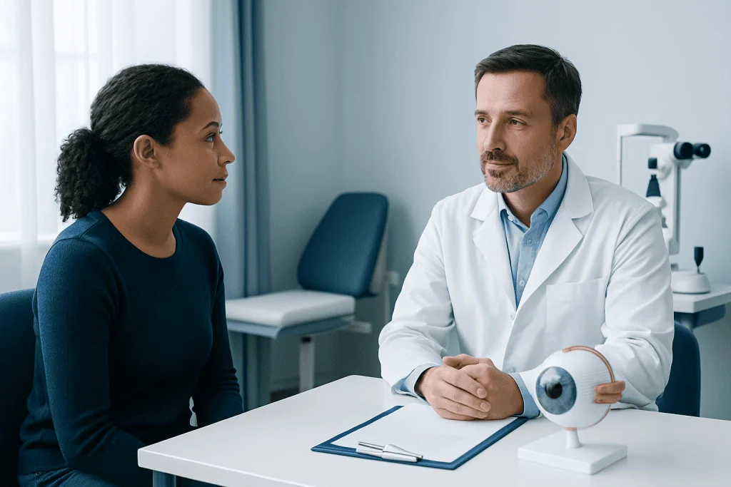 Ophthalmologist consulting with a patient about eye health and treatment options.