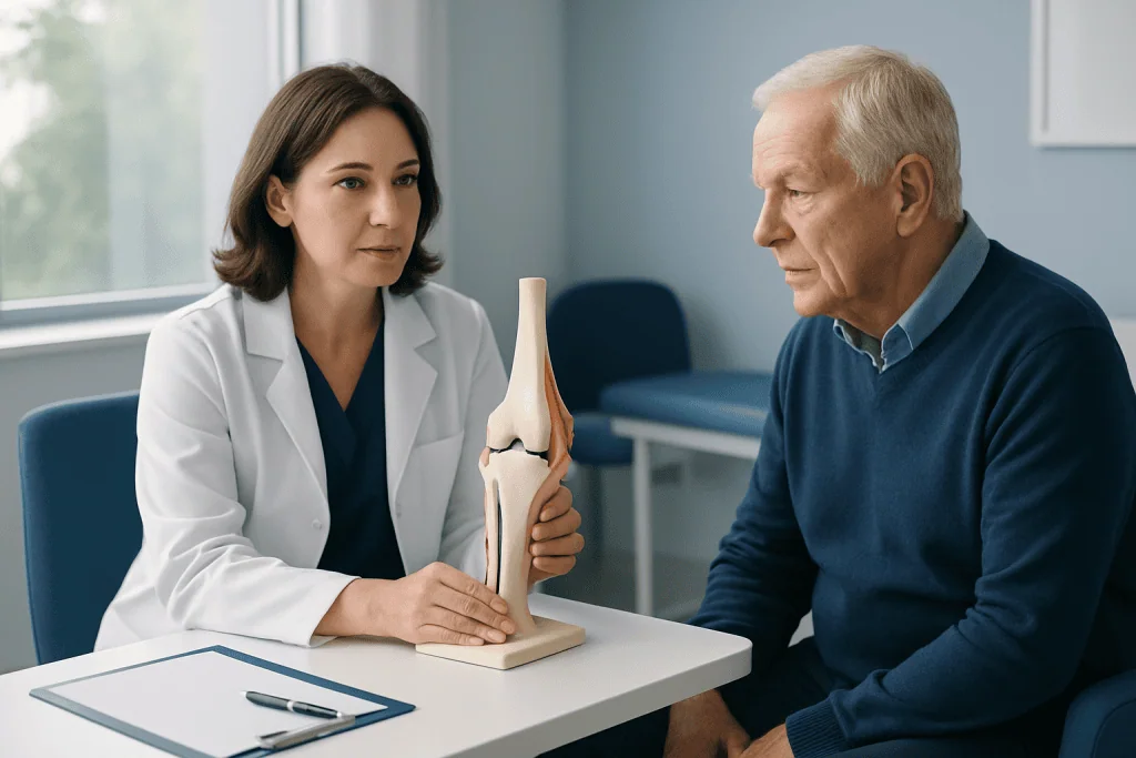 Orthopedic consultation for joint replacement with a model knee joint.
