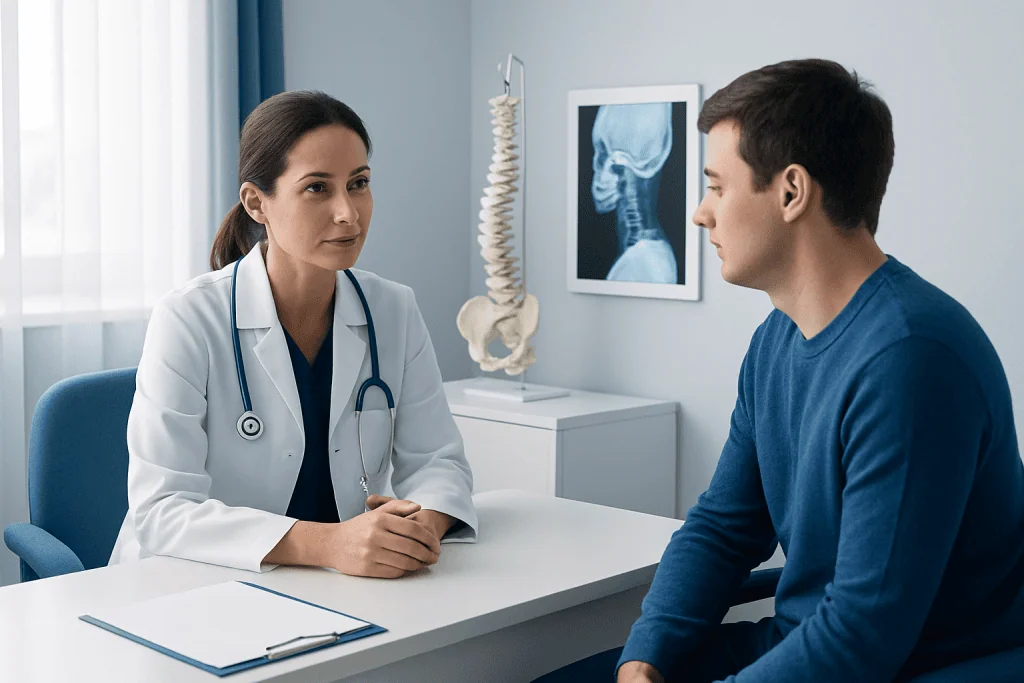 Doctor consulting patient about cervical spine X-ray at hospital.