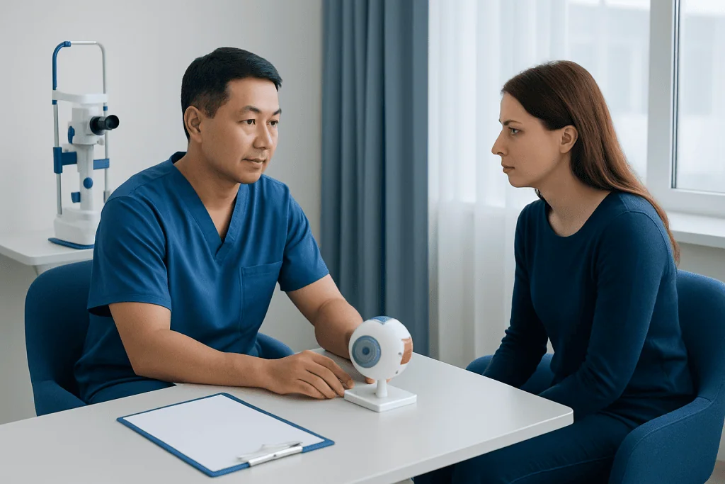 Ophthalmologist explains eye health to a patient during consultation at Acibadem Hospital.