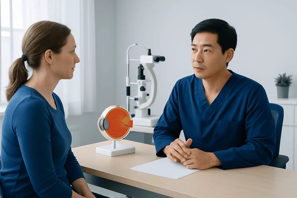 Ophthalmologist explaining retinal health to patient in clinic.