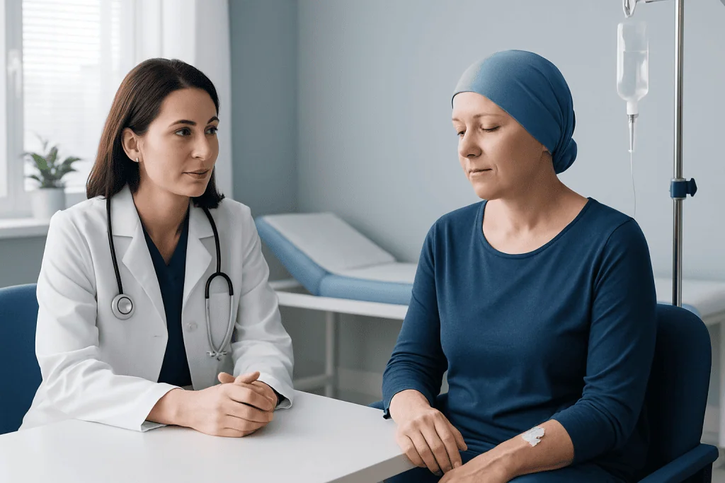 Doctor consulting with a patient undergoing chemotherapy treatment.