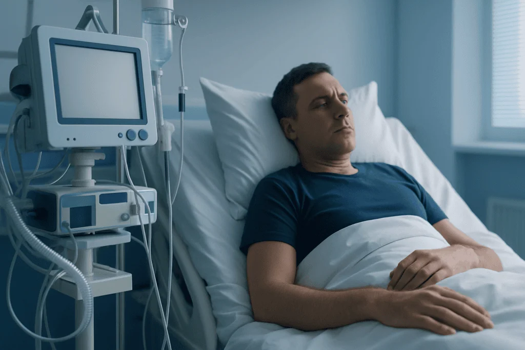 Man lying in hospital bed with medical equipment nearby.