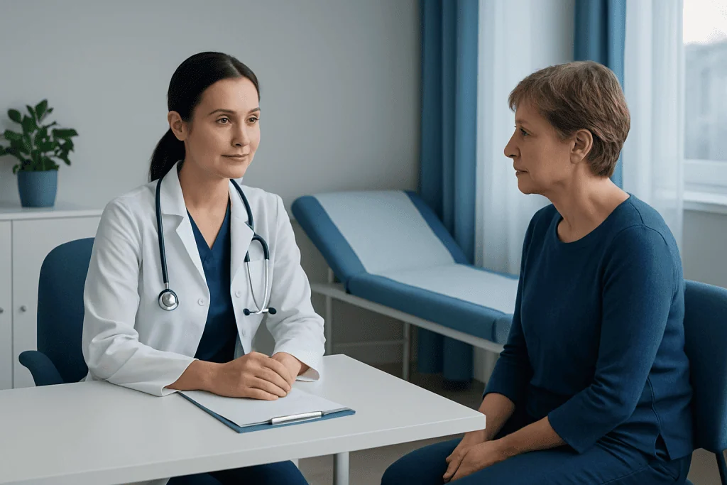 Doctor consulting with a patient in a hospital room.