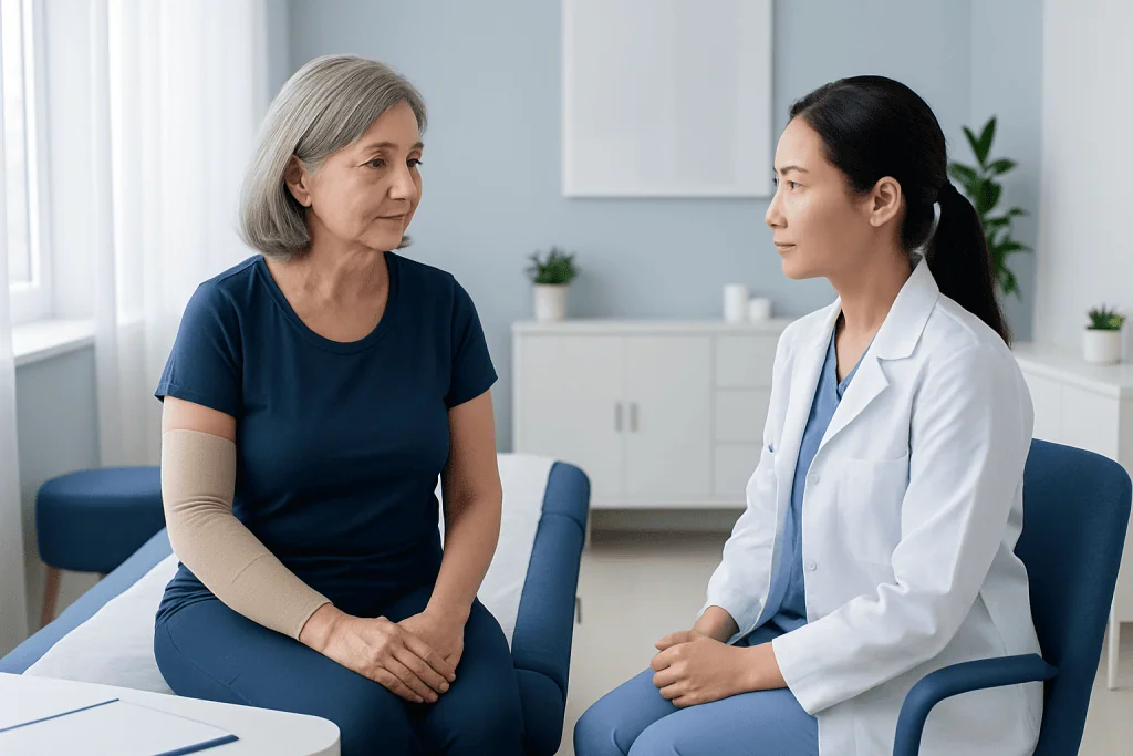 Doctor consulting with an elderly woman in a medical office setting.