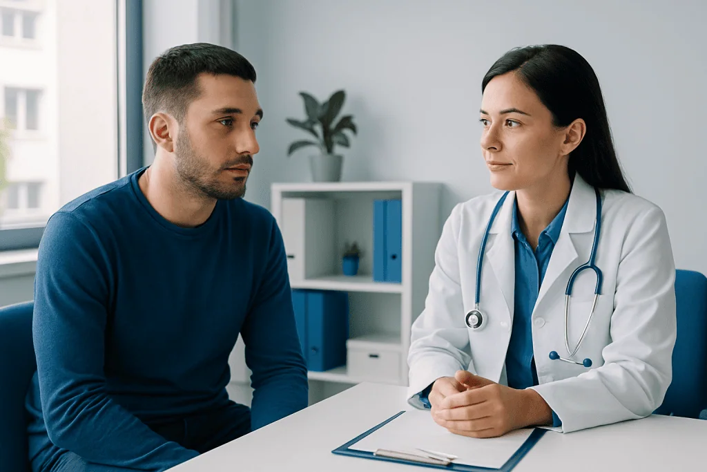 Doctor consulting male patient in a medical office setting.