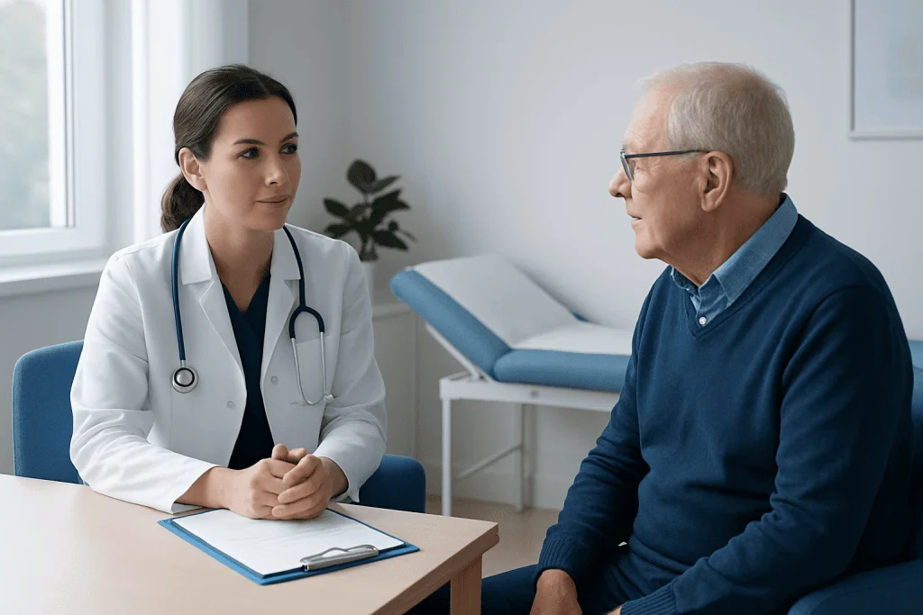 Doctor consulting with elderly patient in a medical office.