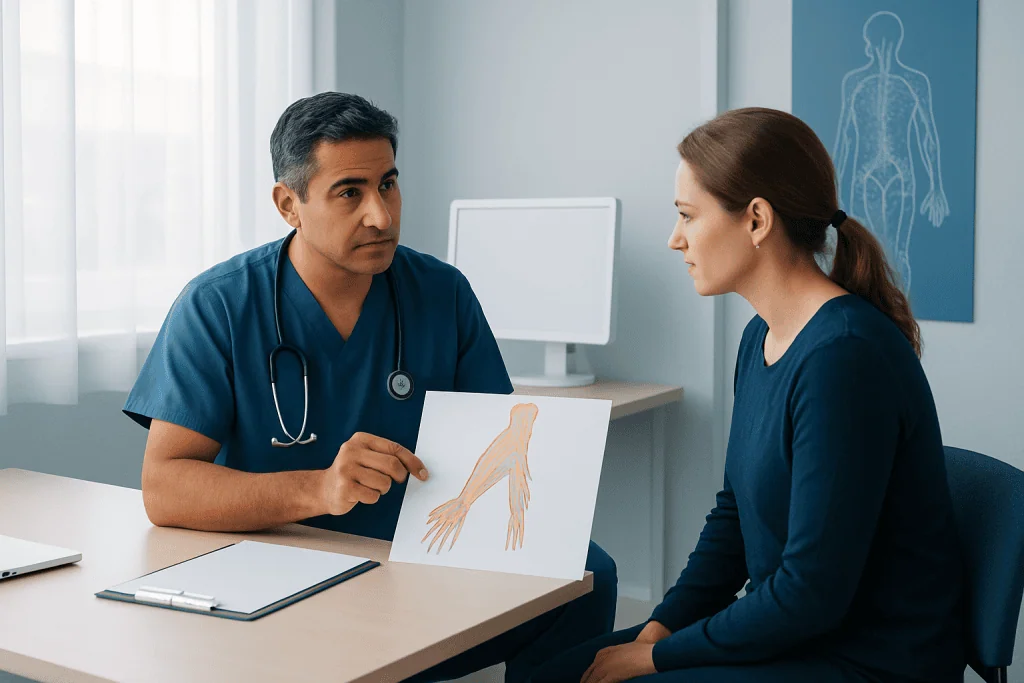 Doctor explaining nerve anatomy to patient in consultation room.