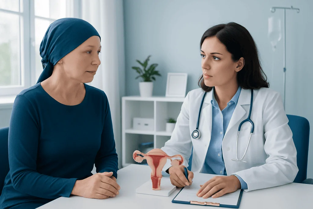 Gynecologist explaining ovarian health to patient in clinic.