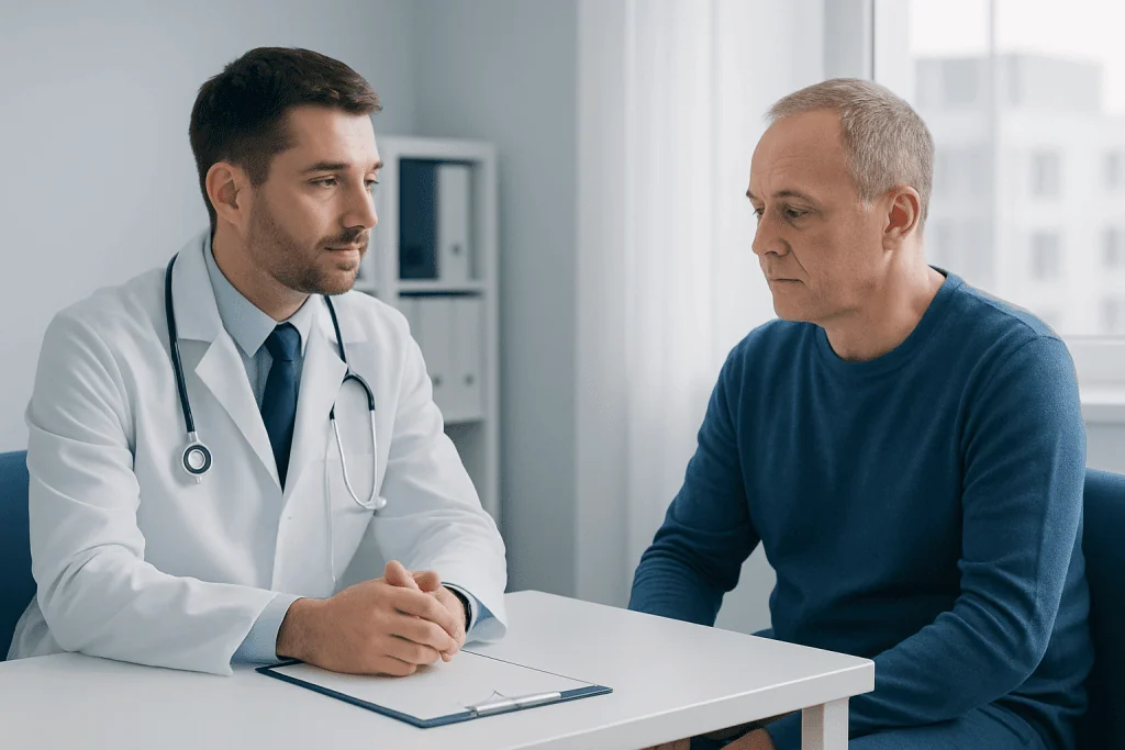 Doctor consulting with patient in a medical office setting.